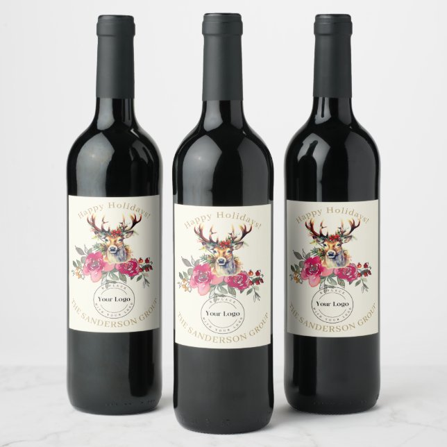 Happy Holidays Boho Corporate Business Logo Wine Label (Bottles)