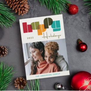 Happy Holidays Bold Colors Green Typography Photo  Holiday Card