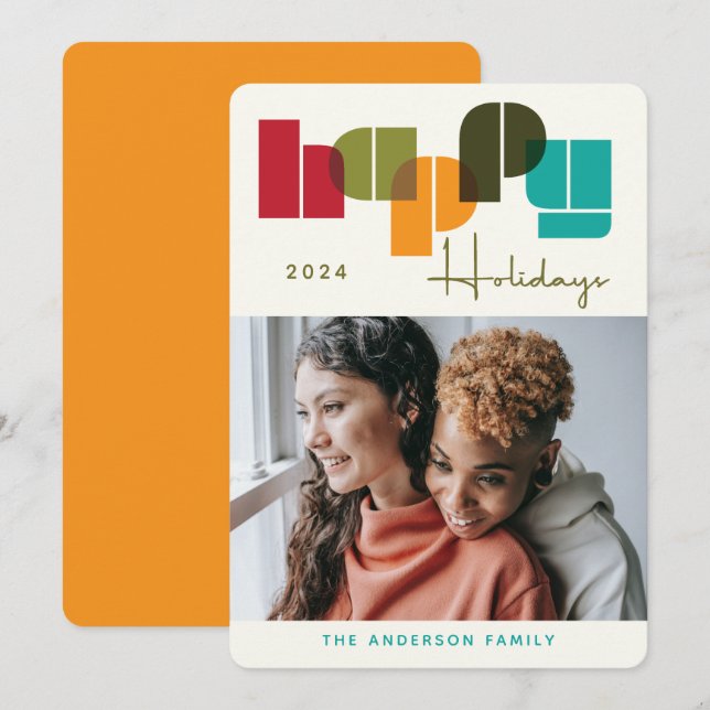 Happy Holidays Bold Colours Orange Typography Phot Holiday Card (Front/Back)