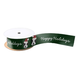 Happy Holidays Boston Terrier 1.5" satin ribbon
