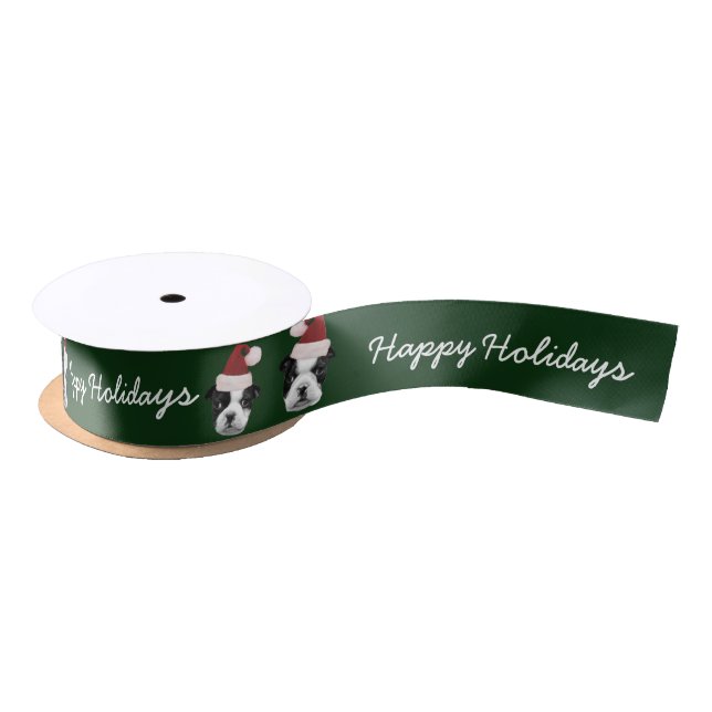 Happy Holidays Boston Terrier 1.5" satin ribbon (Spool)
