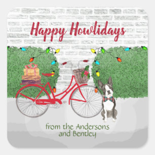 Happy Holidays  Boston Terrier Red Bicycle  Square Sticker