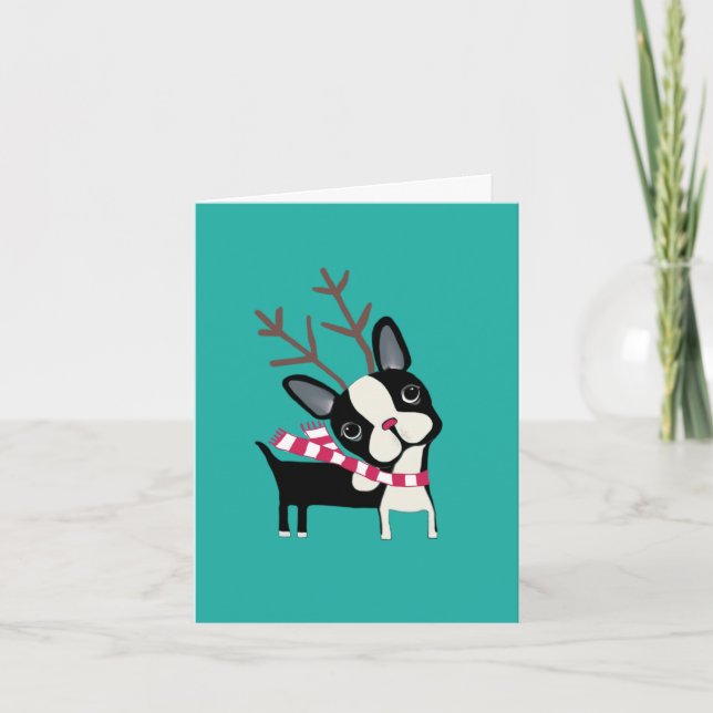 Happy Holidays Boston Terrier Reindeer Card (Front)