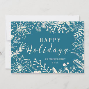 HAPPY HOLIDAYS BOTANICAL BLUE AND WHITE PHOTO CARD