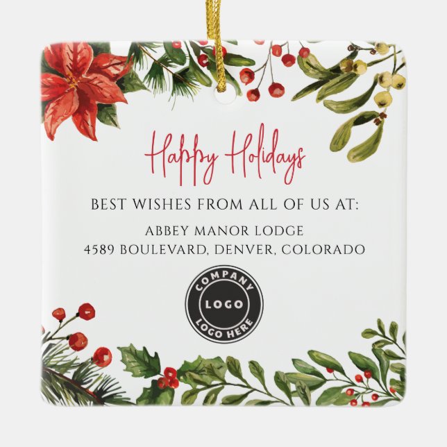 Happy Holidays Botanical Business Logo Christmas Ceramic Ornament (Front)