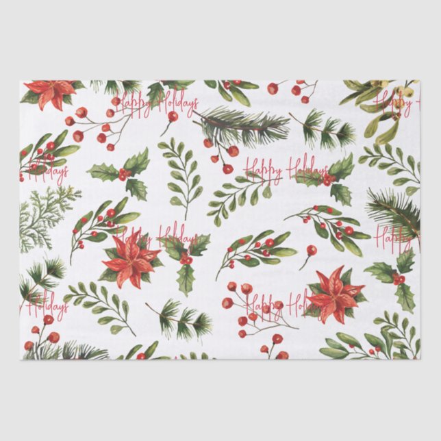 Happy Holidays Botanical Poinsettia Greenery Tissue Paper (Front)