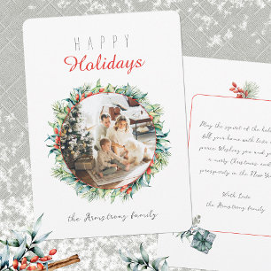 Happy Holidays Botanical Wreath Elegant Photo Holiday Card