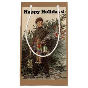 Happy Holidays Boy Christmas Tree Vintage Art Small Gift Bag