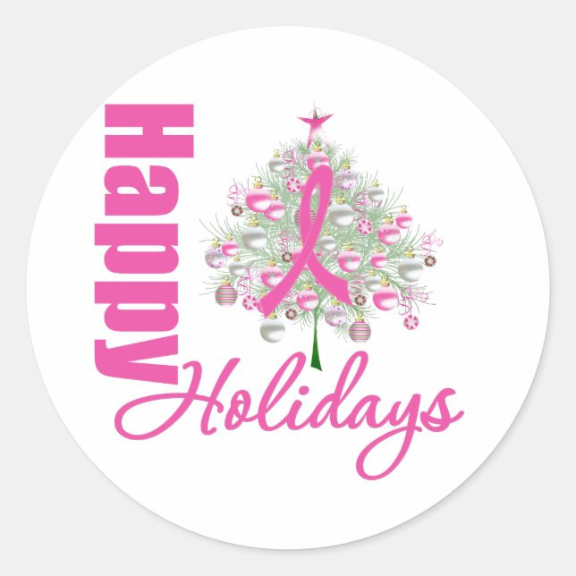 Happy Holidays Breast Cancer Pink Ribbon Classic Round Sticker (Front)