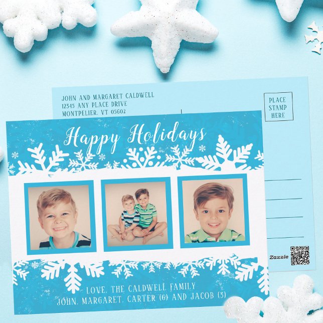 Happy Holidays Bright Blue Snowflakes 3 Photo Postcard (Creator Uploaded)