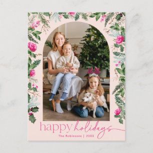 Happy Holidays Bright Pink Greenery Arch Photo Postcard