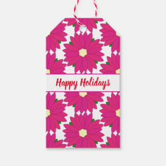 Happy Holidays Bright Pink Poinsettia Print Gift Tags