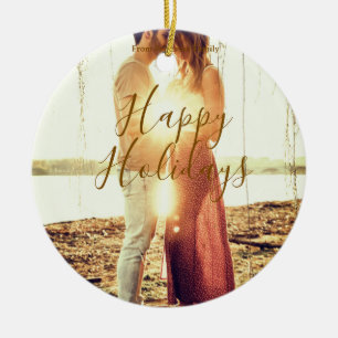 Happy holidays brown add couple photo name date mo ceramic tree decoration