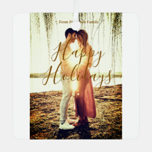 Happy holidays brown add couple photo name date mo metal tree decoration
