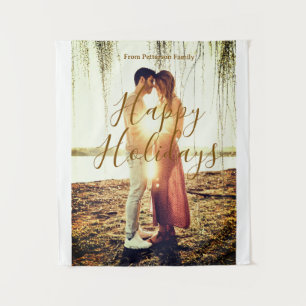 Happy holidays brown add couple photo name date mo tapestry