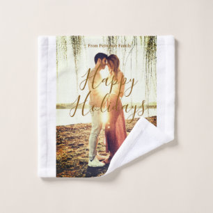 Happy holidays brown add couple photo name date mo wash cloth