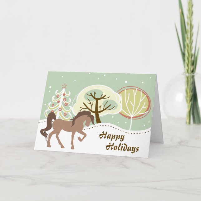 Happy Holidays Brown Horse Snowy Winter Christmas Holiday Card (Front)