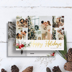 Happy Holidays Brush Script Berry 7 Photo Collage Foil Holiday Card