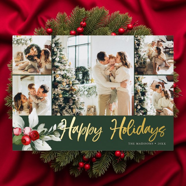 Happy Holidays Brush Script Berry 7 Photo Collage Foil Holiday Card (Creator Uploaded)