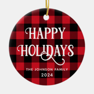 Happy Holidays Buffalo Check Family Photo Ceramic Tree Decoration