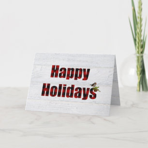Happy Holidays buffalo plaid and bird Card
