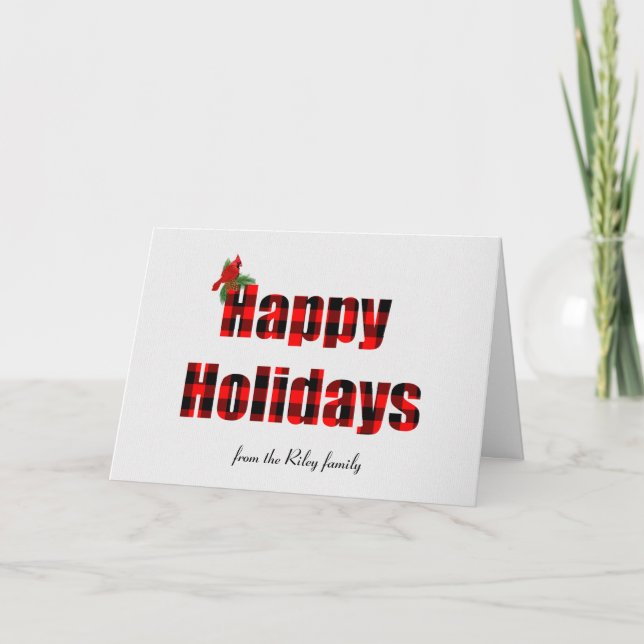 Happy Holidays buffalo plaid and cardinal Card (Front)