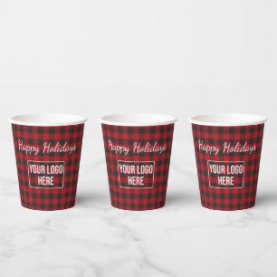 Happy Holidays Buffalo Plaid Business Logo Coffee Paper Cups