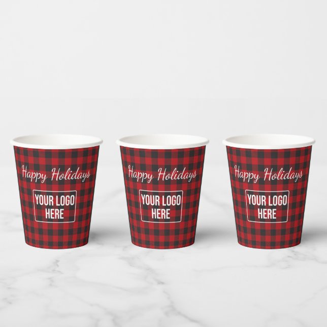 Happy Holidays Buffalo Plaid Business Logo Coffee Paper Cups (Multi)
