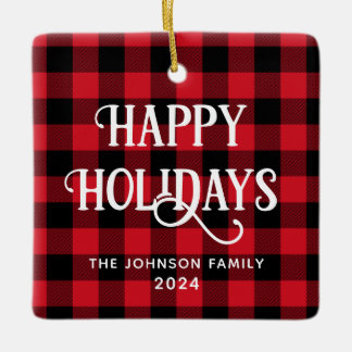 Happy Holidays Buffalo Plaid Family Photo Ceramic Ornament