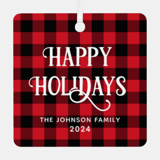 Happy Holidays Buffalo Plaid Family Photo Metal Tree Decoration