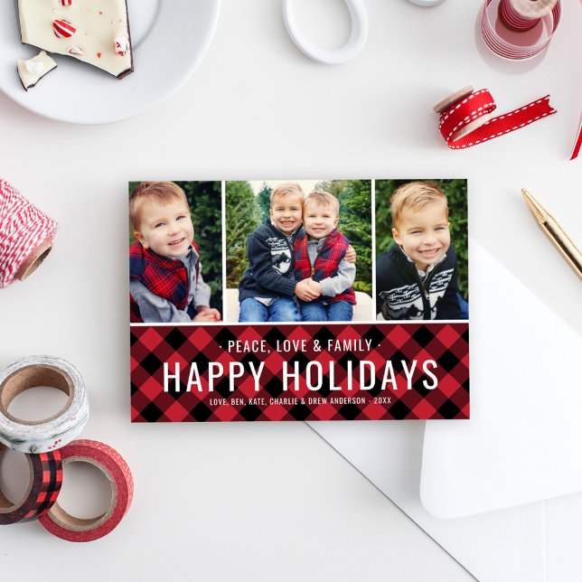 Happy Holidays Buffalo Plaid Photo Collage Holiday Card (Creator Uploaded)