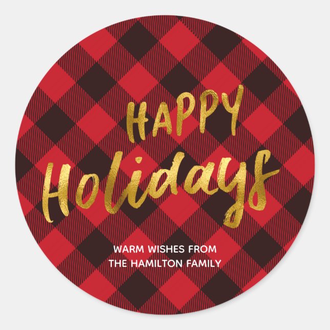 Happy Holidays Buffalo Red Plaid and Gold Foil Classic Round Sticker (Front)