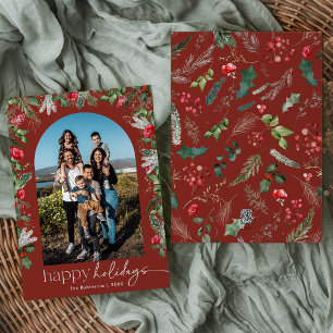 Happy Holidays Burgundy Botanical Arch 1 Photo Holiday Card