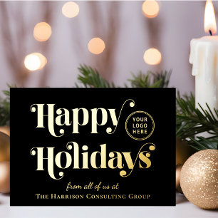 Happy Holidays Business Logo Black Christmas Gold Foil Holiday Card