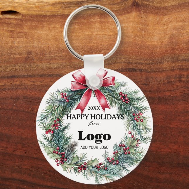 Happy Holidays Business Logo Gift for Clients Key Ring (Front)