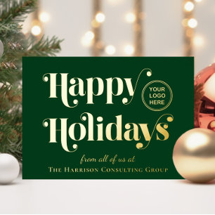 Happy Holidays Business Logo Green Christmas Gold Foil Holiday Card