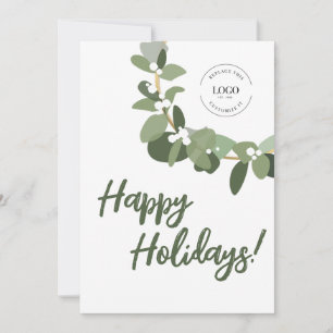Happy Holidays Business logo Wreath Green White Holiday Card
