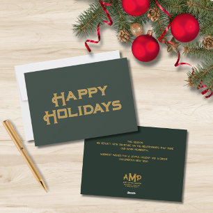 Happy Holidays Business Monogram   Green and Gold Holiday Card