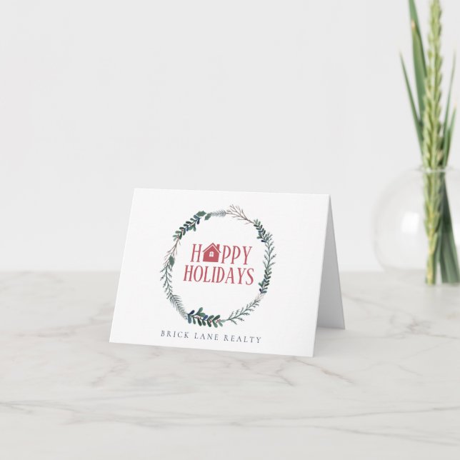 Happy Holidays Business Real Estate Festive Wreath Holiday Card (Front)