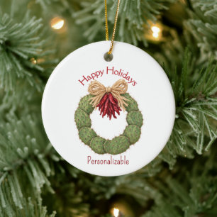 Happy Holidays Cactus Peppers Natural Wreath Ceramic Tree Decoration