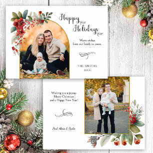 Happy Holidays Calligraphy Arch Floral Photo Holiday Card