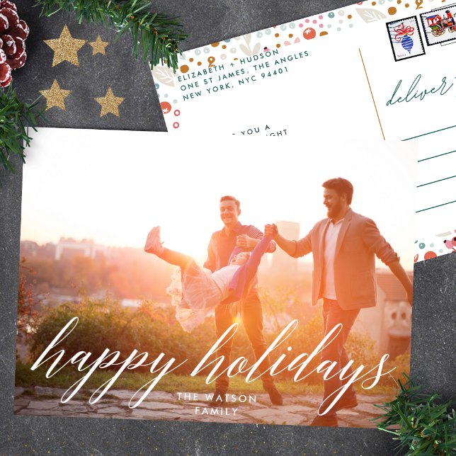 Happy Holidays Calligraphy Christmas Photo Holiday Postcard (Creator Uploaded)