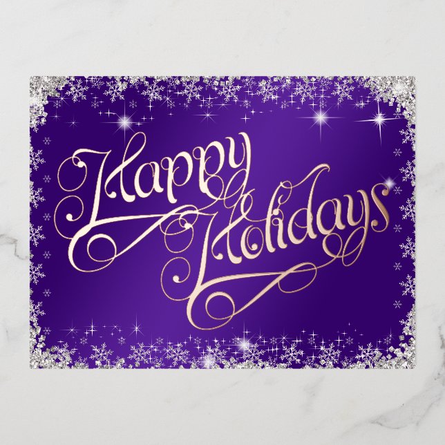 Happy Holidays Calligraphy Purple and Diamonds Foil Holiday Postcard (Front)