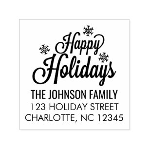 Happy Holidays Calligraphy Snowflakes Family Name Self-inking Stamp