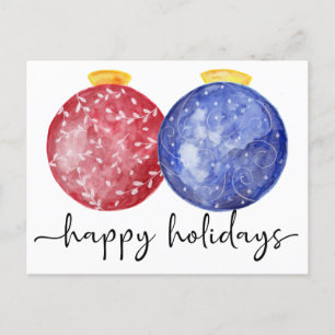 Happy Holidays Calligraphy Watercolor Ornaments Holiday Postcard
