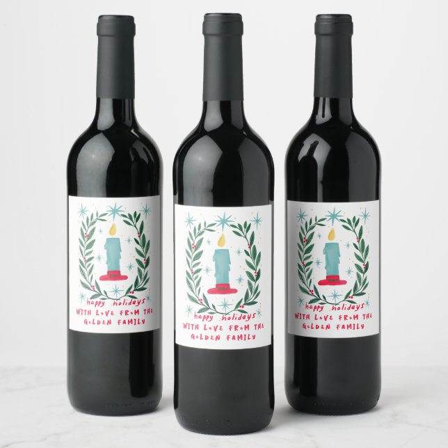 Happy Holidays Candle Hand Drawn CUSTOM Gift Wine Label (Bottles)