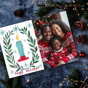 Happy Holidays Candle Hand Drawn CUSTOM PHOTO Holiday Card