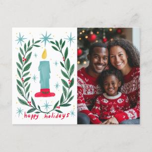 Happy Holidays Candle Hand Drawn CUSTOM PHOTO Holiday Postcard