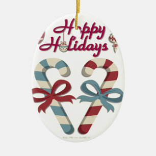 Happy Holidays Candy Cane Heart Ceramic Tree Decoration