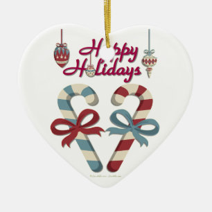 Happy Holidays Candy Cane Heart Ceramic Tree Decoration